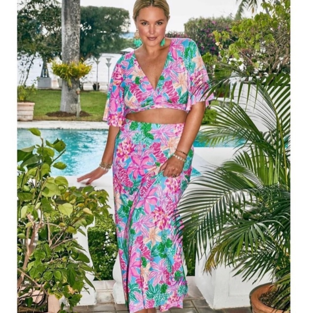 Lilly Pulitzer Pink Green Tigers Lair Minka Crop Top Maxi Skirt Set